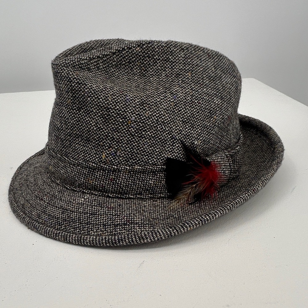 Park Royal Hats Vintage Tweed Fedora Grey Salt and Pepper Feather Hat 7 1/4